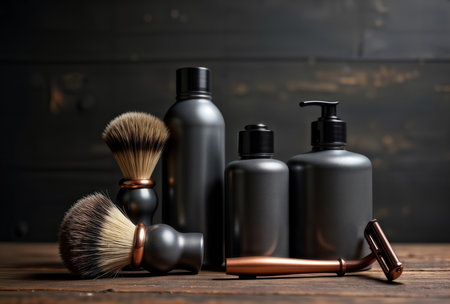 Luxury Shaving Set Still Life. Elegant arrangement of men's shaving accessories on a dark wooden surface.の素材