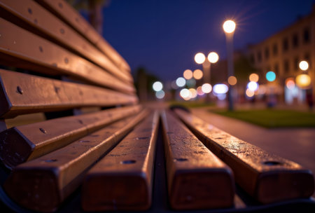 Evening park bench. Close-up view of wooden park bench with blurred city lights and street lamps at night creating bokeh effect in urban setting.の素材