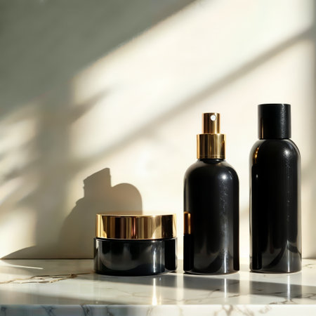 Luxury skincare packaging. Elegant black cosmetic containers with gold accents on marble surface with dramatic shadow play from natural lighting.の素材