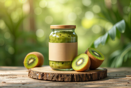 Kiwi fruit jam. Glass jar of homemade kiwi preserve with fresh sliced kiwi fruit on wooden slice serving board against blurred green nature background.の素材
