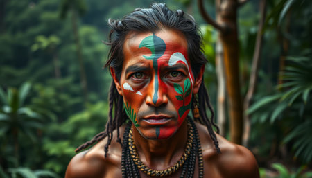 Tribal face paint portrait. Close-up of person with vivid red, green and white plant-inspired facial decorations and beaded necklaces against lush tropical forest background.の素材