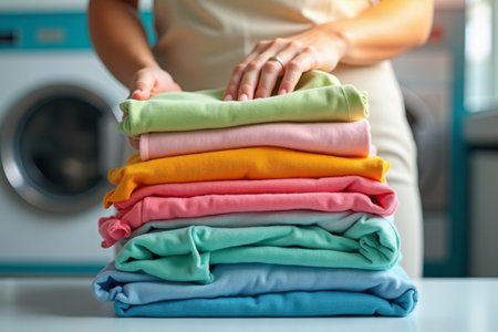 Fresh Laundry Care. Stack of neatly folded colorful clothes in pastel shades against washing machine background in modern laundry room.の素材