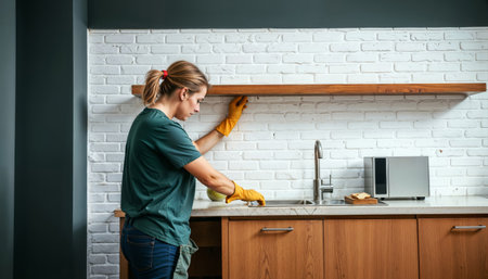 Kitchen cleaning service. Professional cleaner in green uniform and yellow gloves wiping countertop near white brick wall and wooden cabinets.の素材