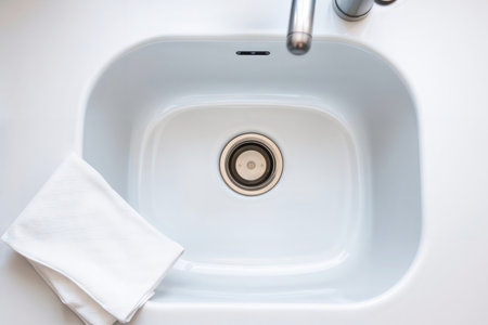 Clean kitchen sink. Modern white ceramic kitchen sink with chrome drain and folded cloth showing minimalist style and cleanliness.の素材