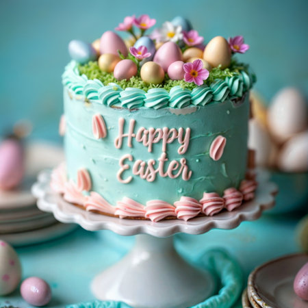 Easter cake decoration. A teal buttercream cake with pastel candy eggs, pink flowers, and "Happy Easter" text, creating a festive and cheerful spring vibe.の素材