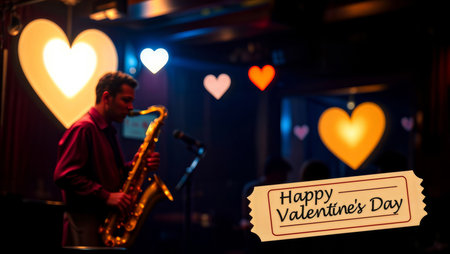 Romantic Jazz Valentine Night. Silhouetted saxophonist performs against backdrop of glowing heart lights, creating intimate Valentine's Day atmosphere in dimly lit venue.の素材