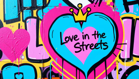 Colorful Love Street Art. Vibrant urban mural with blue and pink hearts featuring "Love in the Streets" text and golden crown against multicolored background.の素材