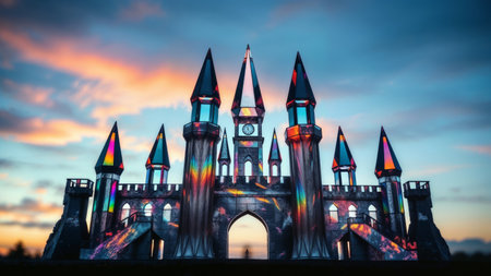 Rainbow castle at dusk. A fairytale castle silhouette illuminated with vibrant rainbow colors against a dramatic sunset sky creating a magical scene.の素材
