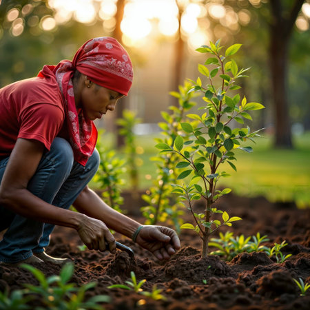 Woman planting tree. Environmental conservation scene with woman in red headscarf carefully planting young tree in golden hour light.の素材