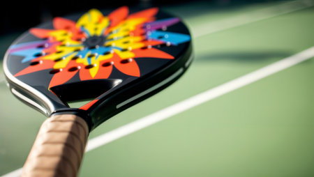 Colorful pickleball paddle. Close-up of modern pickleball racket with vibrant flower design in yellow, orange, blue and pink tones on green court surface.の素材