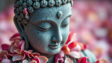 Buddha Head with Flower Petals. Close-up of Buddha statue head covered in delicate pink flower petals. Gentle and spiritual.の素材