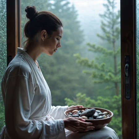 Woman Meditating by Window. A woman in a white robe sits by a window holding a bowl of stones, looking contemplative. Foggy forest view. Serene and mindful.の素材