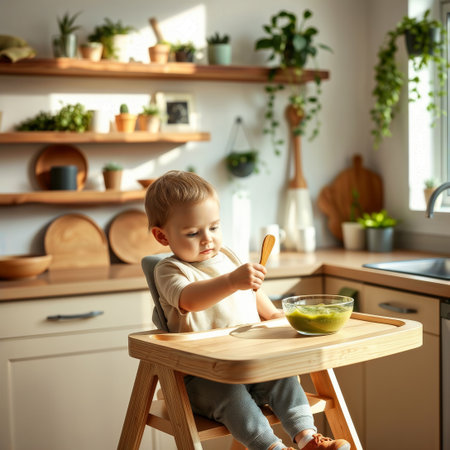 Baby eating puree. A cute toddler boy sits in a wooden high chair, holding a spoon and looking at a bowl of green puree.の素材
