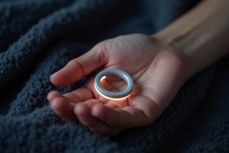 Glowing Smart Ring. Hand holding an illuminated smart ring with orange LED light in dark cozy environment for wearable technology concept.の素材
