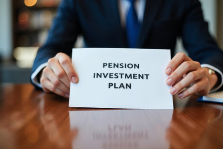 Pension Planning Protection. Business professional's hands protectively positioned around pension investment plan document on polished office desk.の素材