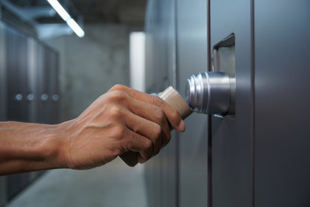Opening a safe. A person's hand opening a secure metal safe deposit box in a bank vault.の素材
