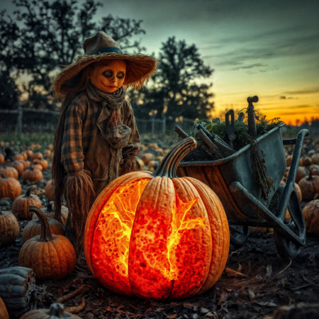 Spooky scarecrow monster. A creepy scarecrow with a glowing, fiery pumpkin stands in a field at sunset for a scary Halloween night.の素材