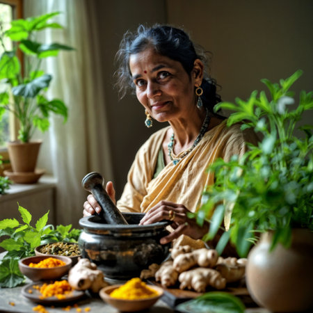 Ayurvedic herbs preparation. An Indian woman preparing a traditional Ayurvedic remedy using a mortar and pestle with fresh herbs, ginger, and turmeric.の素材