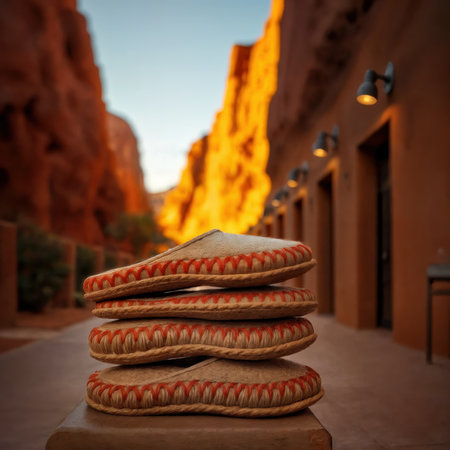Handmade southwestern slippers. A stack of handmade woven slippers with red stitching against a sunlit southwestern adobe building and canyon background at golden hour.の素材