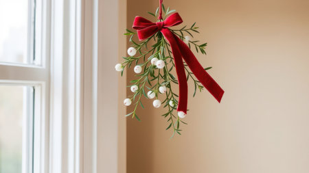 Mistletoe with red ribbon. A sprig of mistletoe with white berries and a velvet bow hanging by a window in a bright interior.の素材