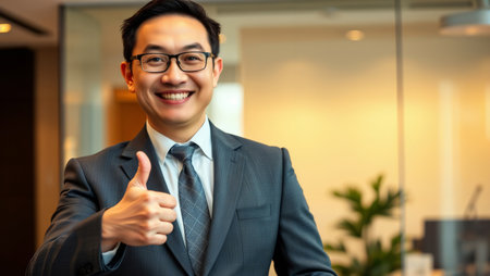 Successful Asian businessman. A happy Asian professional in a suit and glasses gives a thumbs up gesture in a modern office.の素材