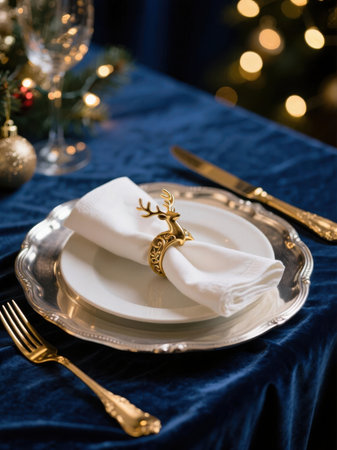 An elegant Christmas dinner table setting with a gold reindeer napkin ring on a blue velvet tablecloth.の素材