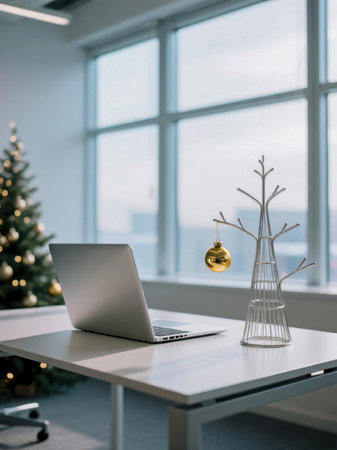 A laptop on a white desk with minimalist Christmas decorations in a modern office with a city view.の素材