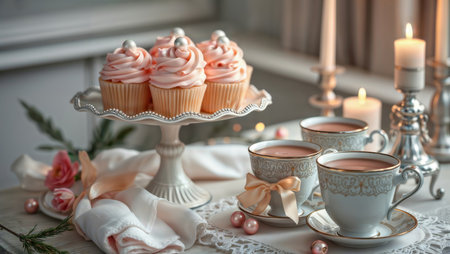 Pink cupcakes celebration. Elegant pink frosted cupcakes on a cake stand, part of a festive table setting with tea and candles.の素材