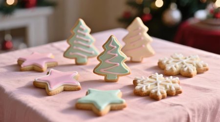 Christmas Sugar Cookies. Festive decorated sugar cookies in tree, star, and snowflake shapes on a pastel pink tablecloth.の素材