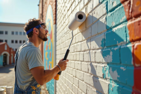 A young man painting a brick wall with a roller.の素材