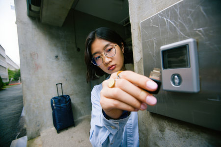 A young Asian woman uses a key fob to unlock a security door.の素材