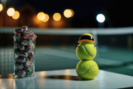 A snowman made of tennis balls next to a glass of candy on a table at night.の素材
