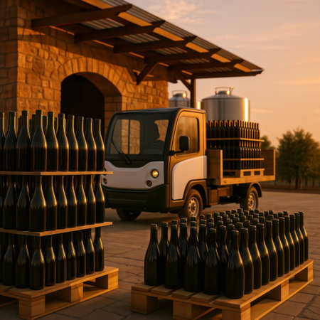 Winery loading dock with pallets of empty bottles at sunset.の素材
