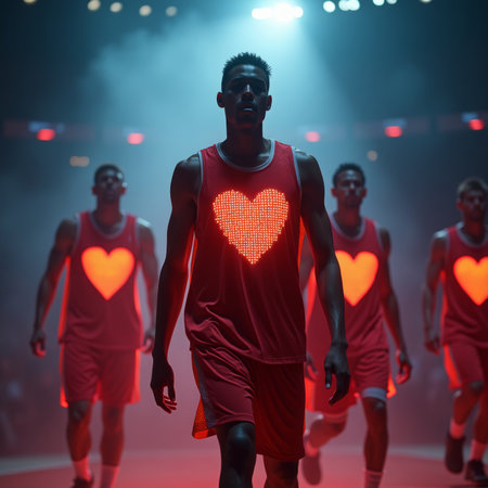 Valentine basketball team. Basketball players wearing red jerseys with illuminated hearts walk onto the court in a dimly lit arena.の素材
