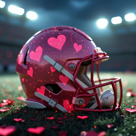 Valentine Football Helmet. A pink, glittery American football helmet adorned with hearts rests on a field scattered with heart confetti, stadium lights blurred in the background.の素材