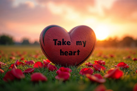 Take My Heart Valentine. A weathered, heart-shaped object rests amidst scattered red petals on a grassy field, bathed in the golden light of a setting sun, with the inscription "Take my heart".の素材