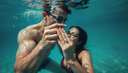 Underwater Valentine's embrace. A young couple shares an intimate underwater moment, their hands tenderly touching as they gaze into each other's eyes.の素材