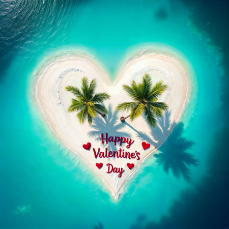 Heart-shaped island Valentine's Day. A heart-shaped island surrounded by turquoise water with "Valentine's Day" written in the sand, featuring palm trees.の素材
