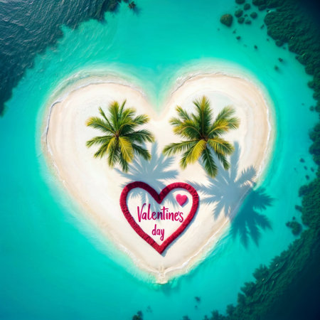Valentine's Day Island. Heart-shaped island surrounded by turquoise water with "Valentine's day" written in the sand.の素材
