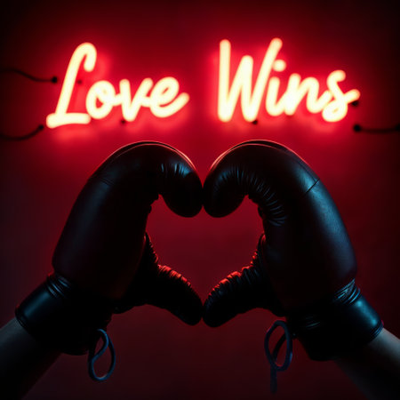 Love Wins in Boxing. Black boxing gloves forming heart shape silhouette against red neon sign backdrop.の素材