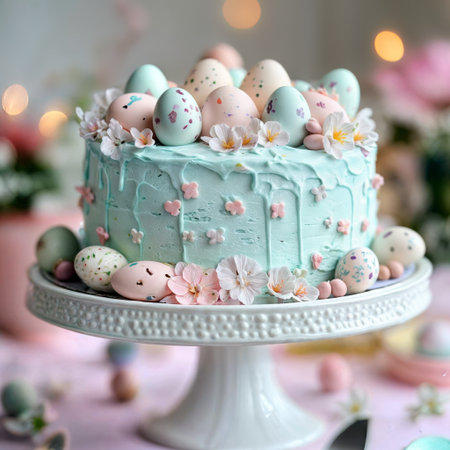 Easter egg cake. A pastel blue easter cake decorated with painted eggs, white flowers, and a dripping frosting effect.の素材
