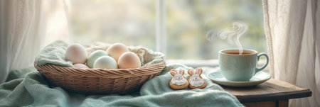 Easter eggs and tea. A basket of pastel-colored Easter eggs on a green cloth, two bunny-shaped cookies, and a steaming cup of tea on a wooden table by a window.の素材