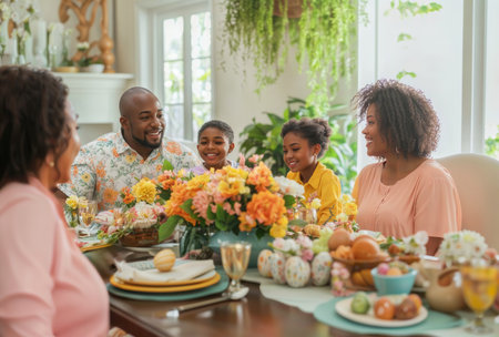 Family Easter meal. Happy family enjoying Easter meal together at home with festive decorations and food.の素材