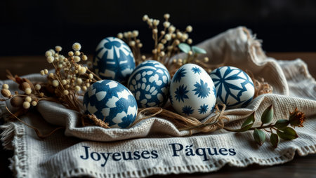 Blue Floral Easter Eggs. A charming display of intricately designed blue Easter eggs surrounded by dried flowers with "Joyeuses Pの素材