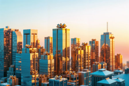 A city skyline of skyscrapers wrapped as gifts with golden bows at sunset.の素材