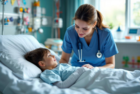 Nurse comforting smiling child patient in hospital bed.の素材