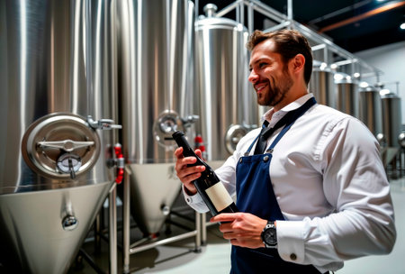 Winemaker holding a red wine bottle in a modern winery.の素材