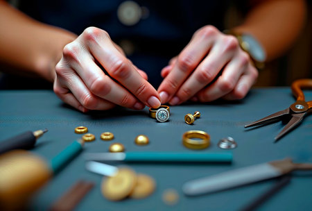Jeweler's hands crafting a detailed gold ring on a workbench.の素材