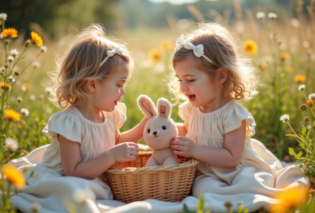 Two young girls playing with a stuffed bunny in a sunny meadow.の素材