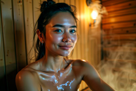 Woman with glowing skin relaxing in a hot wooden sauna with steam.の素材